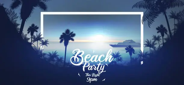 Vector illustration of Summer beach party poster with tropical beach  and yacht in the evening