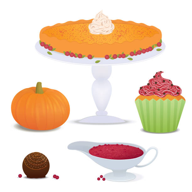 thankgiving desserts Vector illustration. Set of holiday autumn food. Delicious desserts made from pumpkin to the day of Thanksgiving cranberry sauce stock illustrations