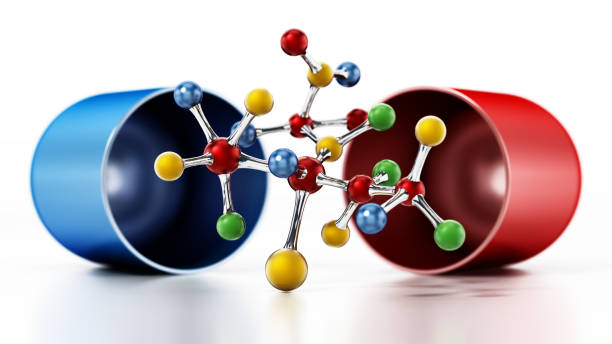 modelo de molécula ficticia dentro de la píldora roja y azul - medicate fotografías e imágenes de stock