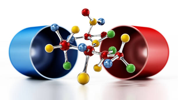 modelo de molécula fictícia dentro da pílula vermelha e azul - medicate - fotografias e filmes do acervo