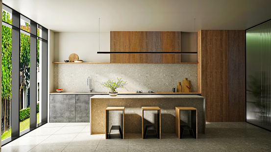 3d render of home kitchen room, dining space and counter