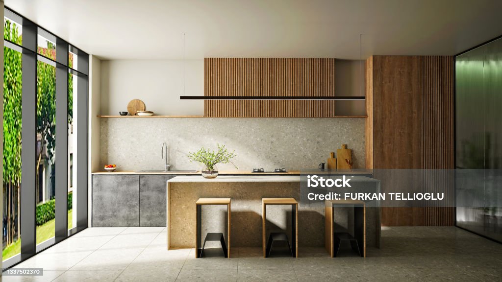 3d render of home kitchen room, dining space and counter Kitchen Stock Photo