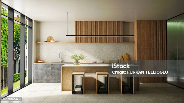 3d Render Of Home Kitchen Room Dining Space And Counter Stock Photo - Download Image Now