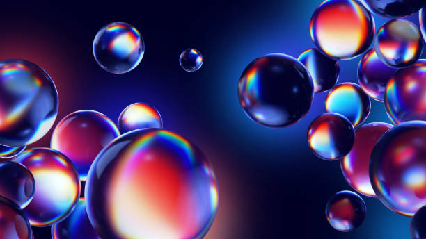 istock 3d render, blue background with abstract colorful iridescent bubbles, clear glass balls, macro of an air inside the liquid 1337503171