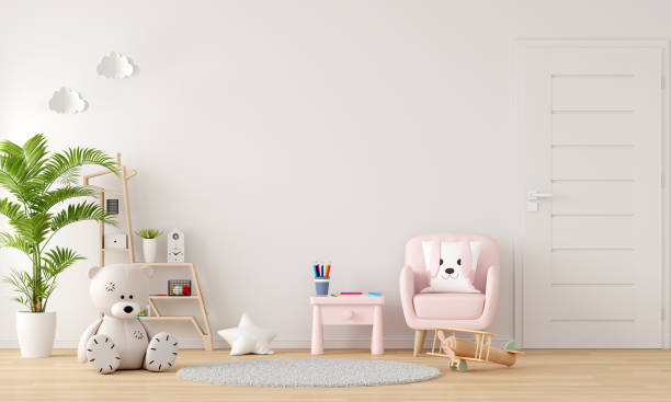 istock Pink sofa and table in child room with copy space, 3D rendering 1337503222