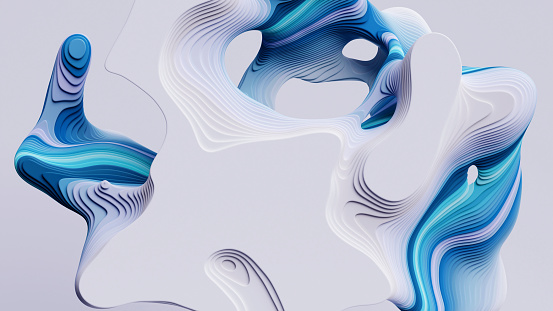 3d render, abstract modern white blue background with flat curvy shapes and wavy lines, marbling effect