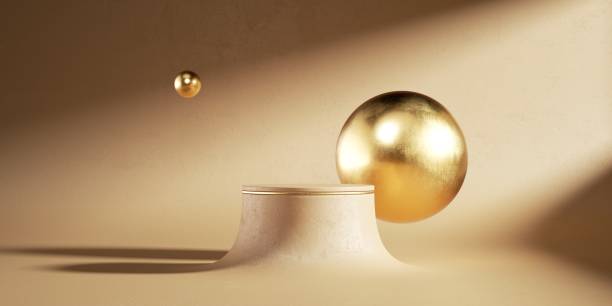 istock 3d render, abstract beige background with empty podium and golden balls. Modern minimal showcase scene with flying balls, levitating objects. Futuristic platform for product presentation 1337505897