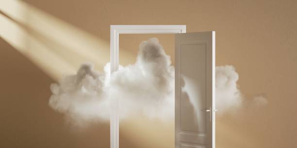 istock 3d render. White cloud flying through the open door, isolated on beige background. Abstract metaphor, modern minimal concept. Surreal dream scene 1337505979