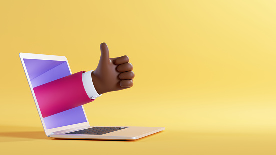3d illustration. African cartoon character businessman hand shows thumb up, like gesture, sticking out the laptop screen. Successful internet business clip art isolated on yellow background