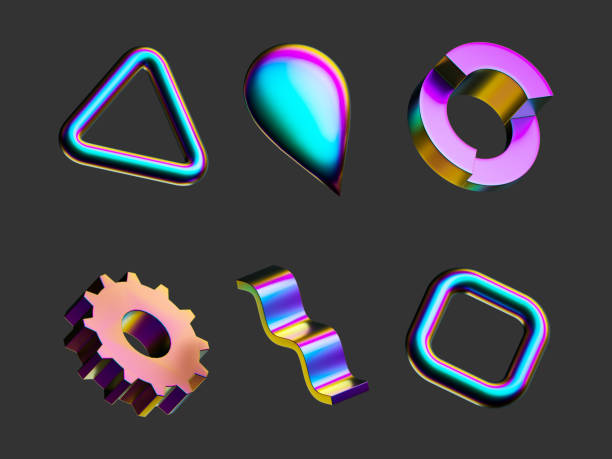 istock 3d render. Assorted geometric iridescent shapes set. Modern minimal colorful metal objects, isolated on dark gray background 1337506308