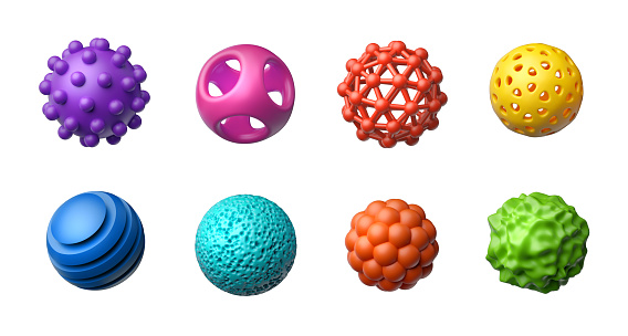 3d render. Set of colorful abstract geometric shapes, spheres and balls. Clip art isolated on white background