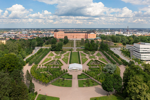 View over the botanical gardens and Uppsala Castle in the city of Uppsala, Sweden.