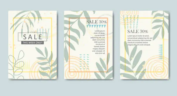 Vector illustration of Fashion sales floral banners with pastel color palette. Design backgrounds for social media banner.Set of a4 post frame templates. Vector cover. Mockup for personal blog or shop. Layout for promotion