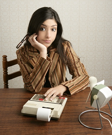 Accountant retro woman calculator bad sales reports negative expression