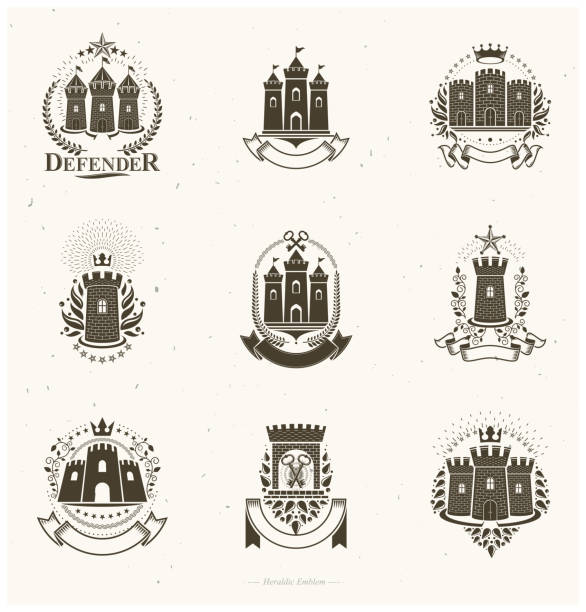 Ancient Fortresses emblems set. Heraldic Coat of Arms, vintage vector symbols collection.