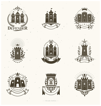Ancient Fortresses emblems set. Heraldic Coat of Arms, vintage vector symbols collection.