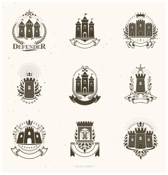 Ancient Fortresses emblems set. Heraldic Coat of Arms, vintage vector symbols collection. Ancient Fortresses emblems set. Heraldic Coat of Arms, vintage vector symbols collection. tower illustrations stock illustrations