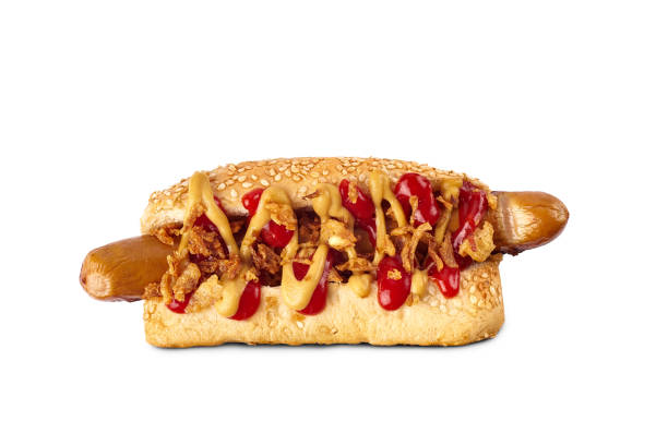 istock Hot dog with huge sausage and crispy fried onion on white 1337514045
