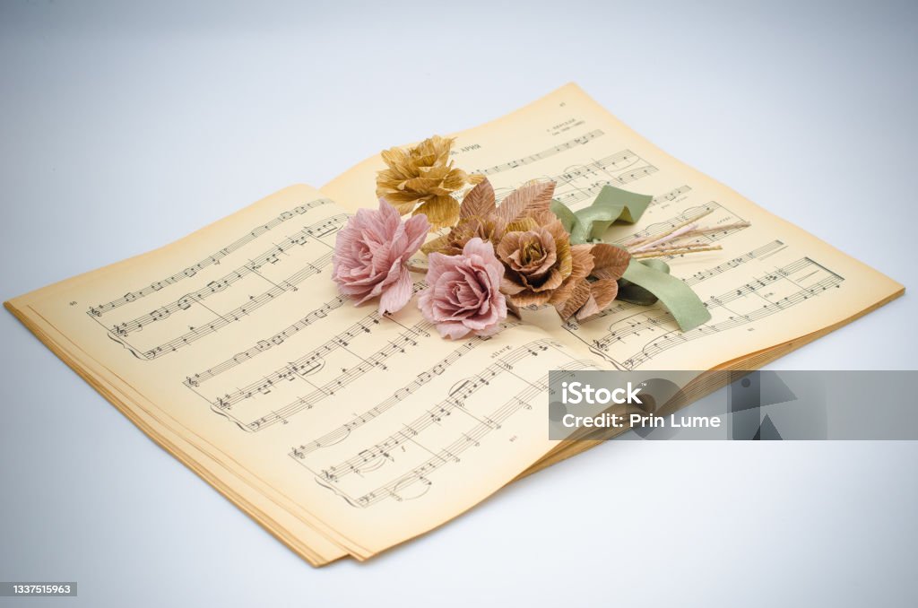 Paper flowers on musical note book Paper rose flowers on music notebook, an extraordinary composition for wide use in the field of music. Arts Culture and Entertainment Stock Photo