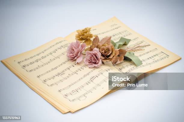 Paper Flowers On Musical Note Book Stock Photo - Download Image Now - Arts Culture and Entertainment, Book, Color Image