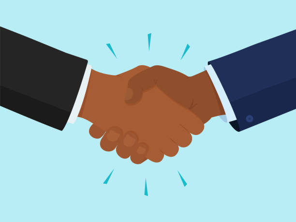 핸드셰이크 벡터 아이콘, 두 개의 검은 손, 우정과 파트너십 개념. 제스처 - handshake agreement silhouette contract stock illustrations