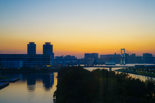 Tokyo Odaiba skyline and sunset. Shooting Location: Tokyo metropolitan area
