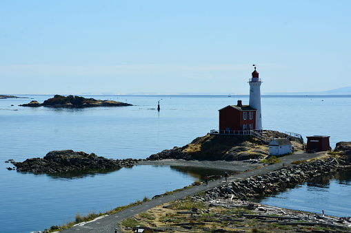 Fisgard Lighthouse, Fort Rodd Hill Victoria BC, Canada, August 29th 2021. The Fisgard Lighthouse at Fort Rodd Hill National Park is a great place to visit when in Victoria. Now un manned it is a super place for photo ops and to visit. Come to the island  and visit Victoria.