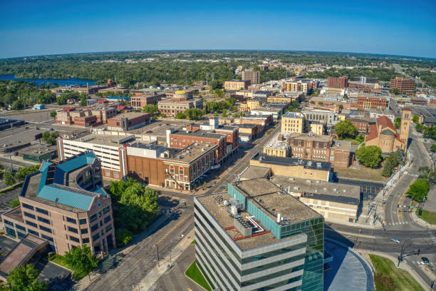 Aerial View of Downtown St. Cloud, Minnesota during Summer Aerial View of Downtown St. Cloud, Minnesota during Summer minnesota stock pictures, royalty-free photos & images