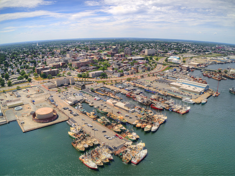 Aerial view of mineral freight port on a sunny day