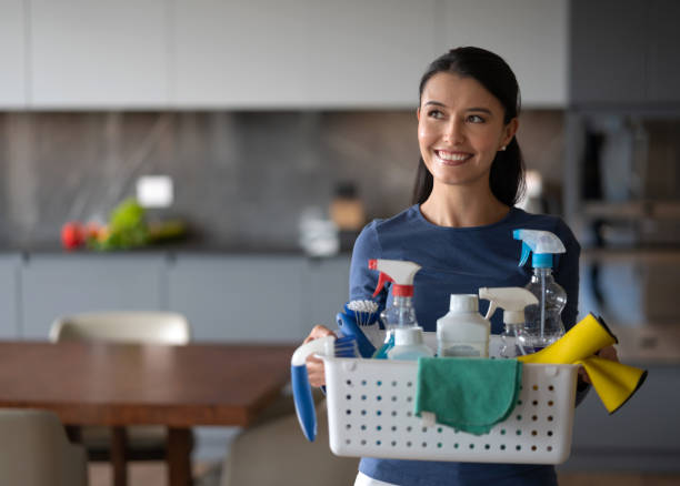 mujer feliz en casa sosteniendo una cesta de productos de limpieza - limpiador fotografías e imágenes de stock