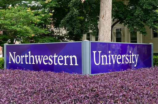 Entrance sign and gardens to Northwestern University.