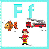 istock Vector illustration for learning the letter F in both lowercase and uppercase for children with 3 cartoon images. Fish Firefighter Fire Truck. 1337520982
