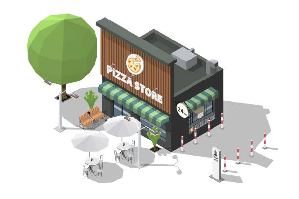 ilustrações, clipart, desenhos animados e ícones de pizzaria isométrica ou pizzaria e banco para sentar e esperar na entrada modelo 3d do restaurante e drive thru tirar a ilustração do vetor de ponto de coleta isolado em fundos brancos - cafe coffee shop sidewalk cafe menu