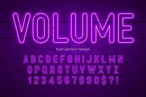 neonlicht 3d-alphabet, extra leuchtender origainal-typ. - neon stock-grafiken, -clipart, -cartoons und -symbole