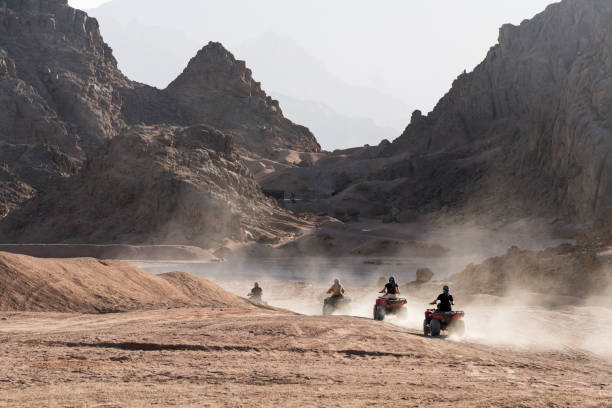 rally atv. hombre conduciendo quad en el desierto del sinaí. turista feliz divirtiéndose durante las vacaciones de verano - off road vehicle quadbike desert dirt road fotografías e imágenes de stock