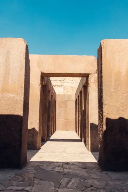 Passage to the temple of the Sphinx. Ancient Egyptian ruins in the Giza plateau. Cairo Egypt.