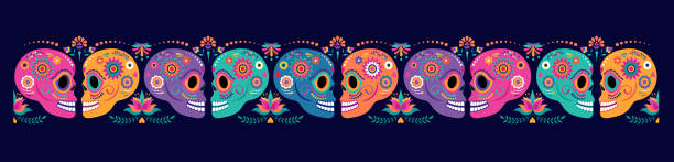 ilustraciones, imágenes clip art, dibujos animados e iconos de stock de día de muertos, día de los muertos, pancarta con coloridas flores mexicanas. fiesta, póster de vacaciones de halloween, folleto de fiesta, tarjeta de felicitación divertida - dia de muertos