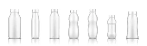 Vector illustration of Yogurt, milk, juice or shampoo white plastic bottle set mockup isolated from background