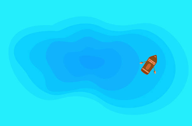 호수의 최고 전경 또는 무인 항공기의 높이에서. 깊은 호수, 바다, 바다, 연못의 청록색 파도에 노가있는 보트. 요트, 카누, 선박이있는 수중 바다 경관. 벡터 일러스트레이션 - rowboat river lake nautical vessel stock illustrations
