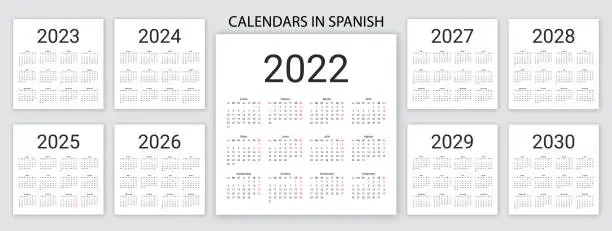 Vector illustration of Spanish Calendar 2022, 2023, 2024, 2025, 2026, 2027, 2028, 2029, 2030 years. Vector illustration. Simple template.