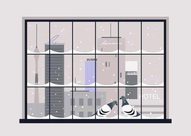 Vector illustration of Snowy winter urban panorama, two pigeons sitting on the window cornice, christmas eve