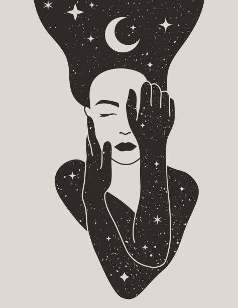 stockillustraties, clipart, cartoons en iconen met mystical woman with the moon and the stars in hair in a trendy boho style. vector space portrait of a girl - godin