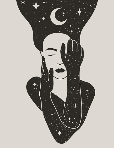 Mystical Woman with the Moon and the Stars in her Hair in a Trendy Boho Style. Vector Space Portrait of a girl for wall print, t-shirt, tattoo Design, for social media post and stories