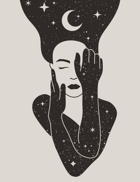 Mystical Woman with the Moon and the Stars in Hair in a Trendy Boho Style. Vector Space Portrait of A girl Mystical Woman with the Moon and the Stars in her Hair in a Trendy Boho Style. Vector Space Portrait of a girl for wall print, t-shirt, tattoo Design, for social media post and stories woman tattoos stock illustrations