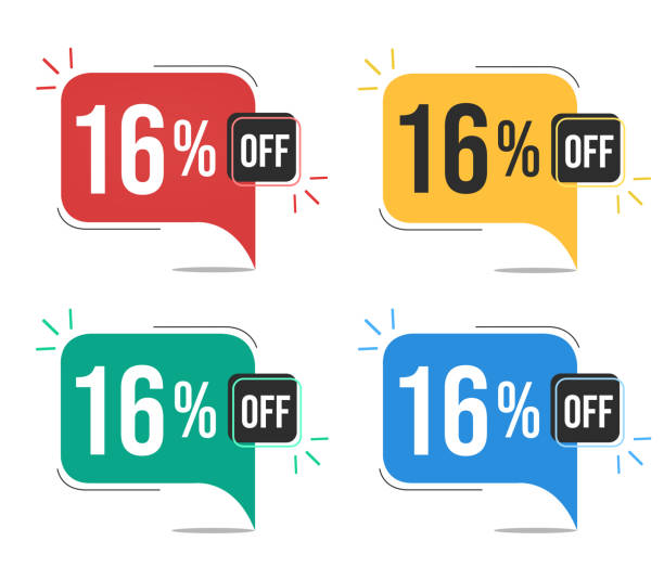 16% off. Red, yellow, green and blue tags with sixteen percent discount. Banner with four colorful balloons with special offers vector. 16% off. Red, yellow, green and blue tags with sixteen percent discount. Banner with four colorful balloons with special offers vector. XVI stock illustrations