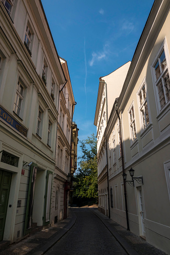 Prague, Czech Republic - 26, August, 2019: Old houses and street view in Prague, Czech Republic