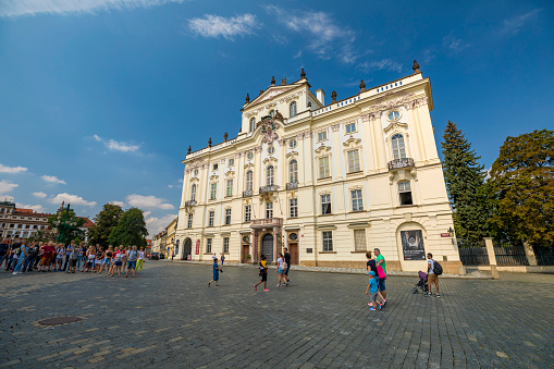 Prague, Czech Republic - 26, August, 2019: Archbishop's Palace at the Castle Square by the Prague Castle has been the seat of Prague Archbishops continually since the 16th century and the seat of archbishops ever since.