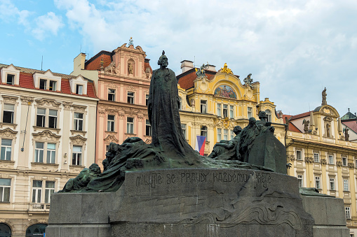 Prague, Czech Republic - 26 August, 2019: Jan Hus monument at old town square in Prague, Czech Republic