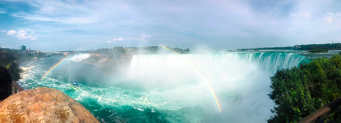 A rainbow over Niagara Falls with the Rainbow Bridge in the background.