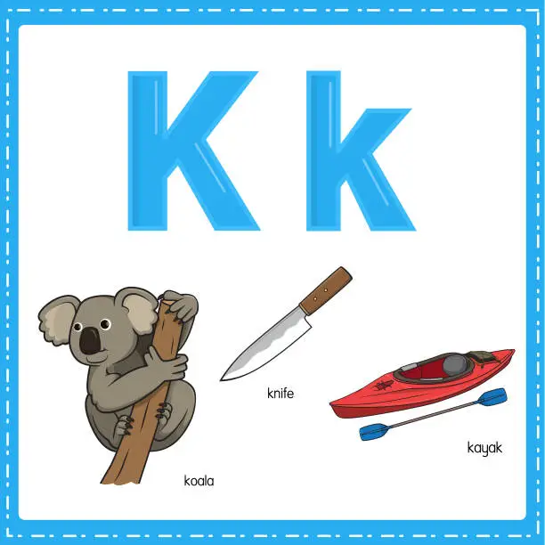 Vector illustration of Vector illustration for learning the letter K in both lowercase and uppercase for children with 3 cartoon images. Koala Knife Kayak.